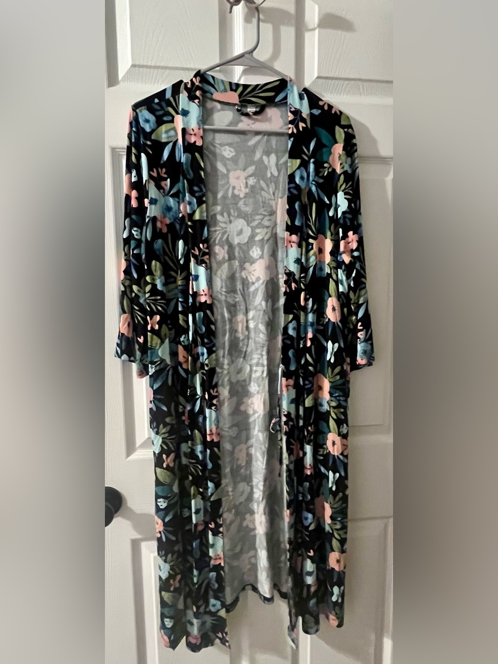 Floral Black Duster Robe with Pink, Blue and Green Accents